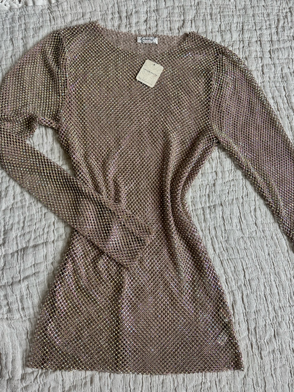 NWT Free People filter finish Metallic Rose Gold Mesh Mini Dress long sleeve
